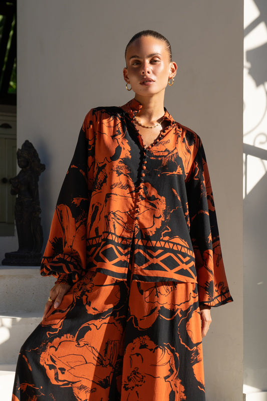 Rinata Brown Floral Balloon Sleeve Blouse