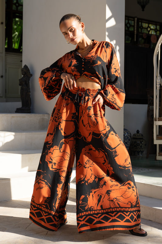 Rinata Brown Floral Wide Leg Pants