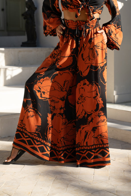 Rinata Brown Floral Wide Leg Pants
