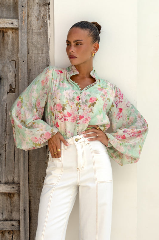 Sheila Green Pink Floral Balloon Sleeve Blouse
