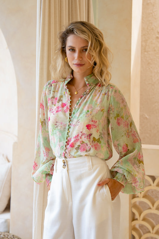 Sheila Green Pink Floral Balloon Sleeve Blouse