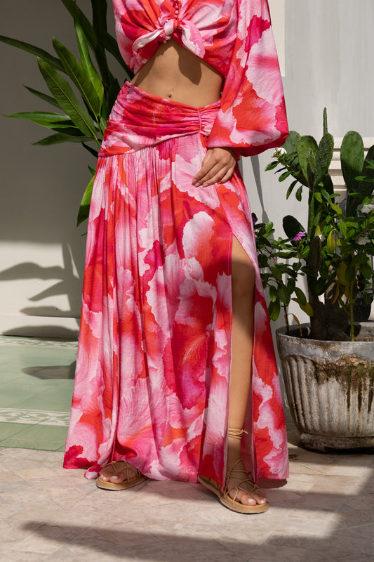 Chrisella Pink Floral Pleated Detail Maxi Skirt