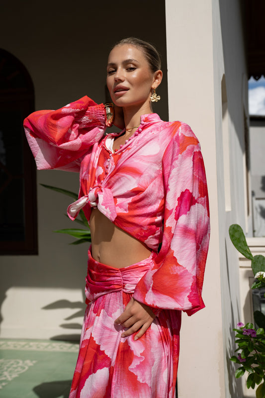 Chrisella Pink Floral Balloon Sleeve Blouse
