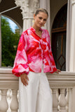 Chrisella Pink Floral Balloon Sleeve Blouse