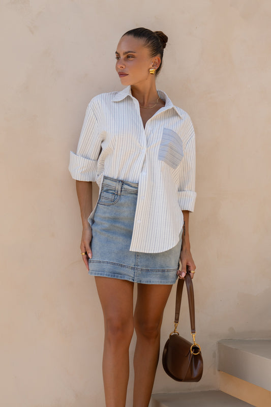 Erika Blue Stripe Contrast Pocket Shirt