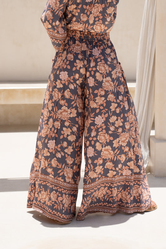 Amarante Navy Peach Floral Boho Wide Leg Pants