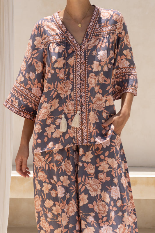 Amarante Navy Peach Floral Boho Shirt