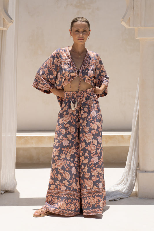 Amarante Navy Peach Floral Boho Wide Leg Pants