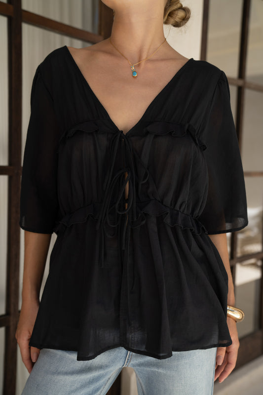 Josienne Black Frill Tie Detail Blouse
