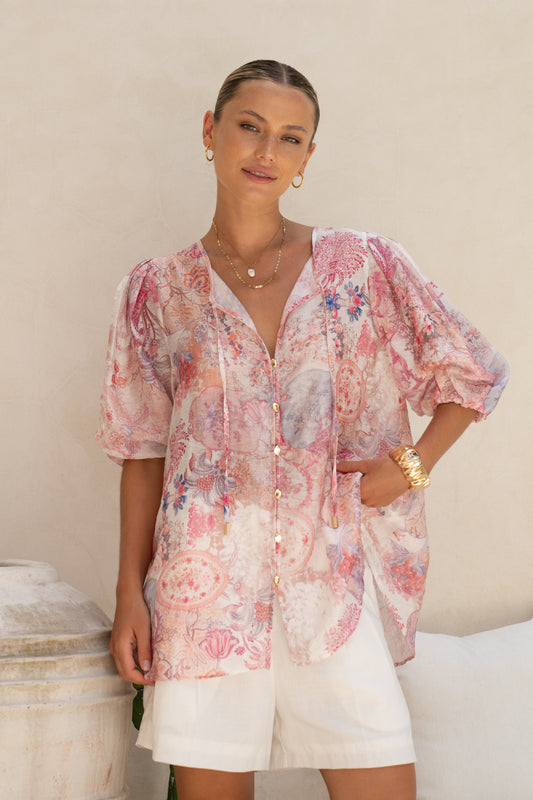 Gezelle Pink Floral Puff Sleeve Blouse