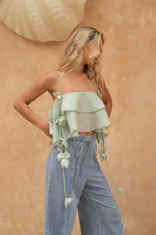 Valeria Green Floral Appliqué Top