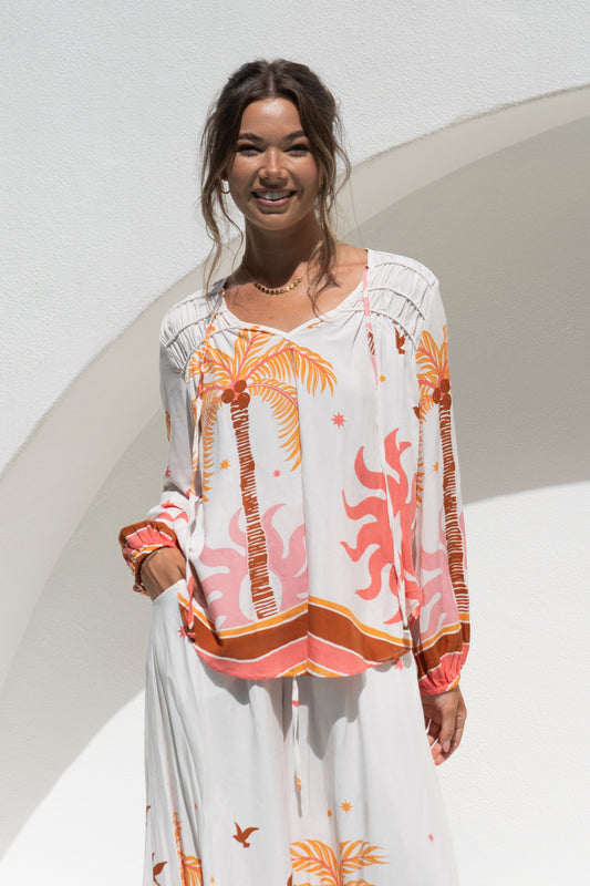 Soletta Coral Pink Tropical Long Sleeve Blouse