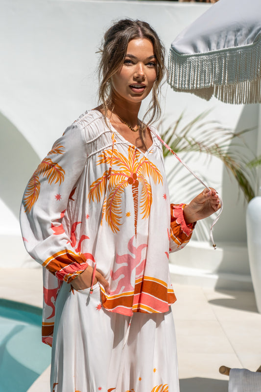 Soletta Coral Pink Tropical Long Sleeve Blouse