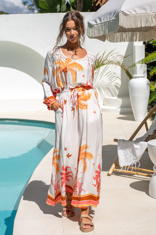 Soletta Coral Pink Tropical Wide Leg Pants