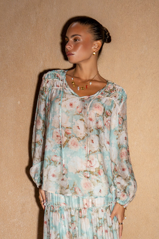 Rosalind Teal Blue Pink Floral Long Sleeve Blouse