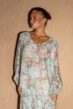 Rosalind Teal Blue Pink Floral Long Sleeve Blouse