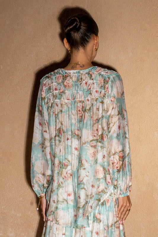 Rosalind Teal Blue Pink Floral Long Sleeve Blouse