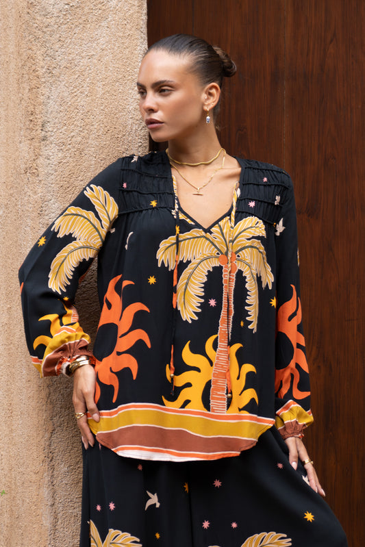 Solianne Black Tropical Long Sleeve Blouse