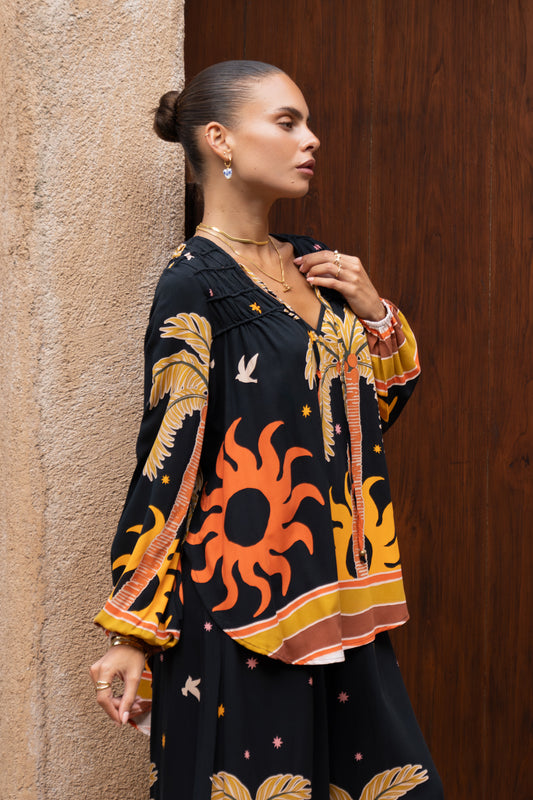 Solianne Black Tropical Long Sleeve Blouse
