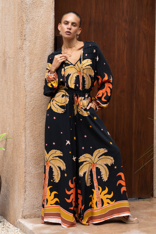 Solianne Black Tropical Wide Leg Pants