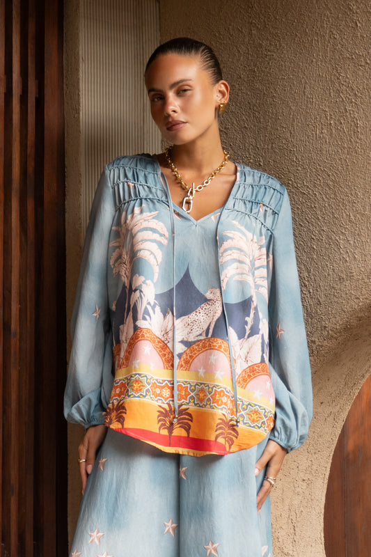 Amalita Blue Tropical Long Sleeve Blouse