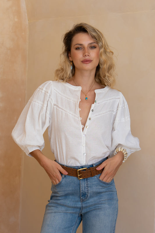 Anara White Jacquard Blouse