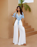 Skyra Blue Boho Broderie Tie Front Crop Top