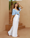 Skyra Blue Boho Broderie Tie Front Crop Top
