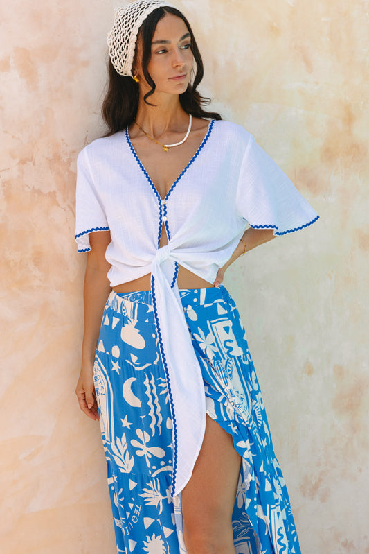 Soquila Blue Tropical Tiered Maxi Skirt