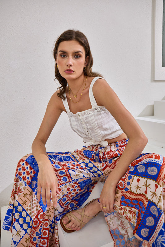 Cordelia Blue Abstract Patchwork Wide Leg Cropped Pants