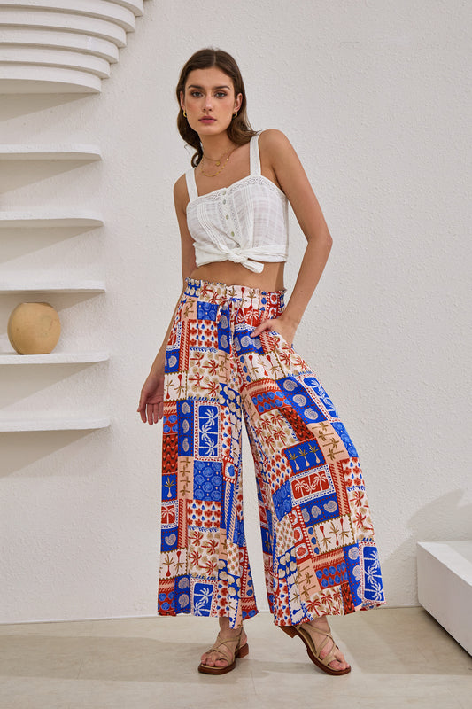 Cordelia Blue Abstract Patchwork Wide Leg Cropped Pants