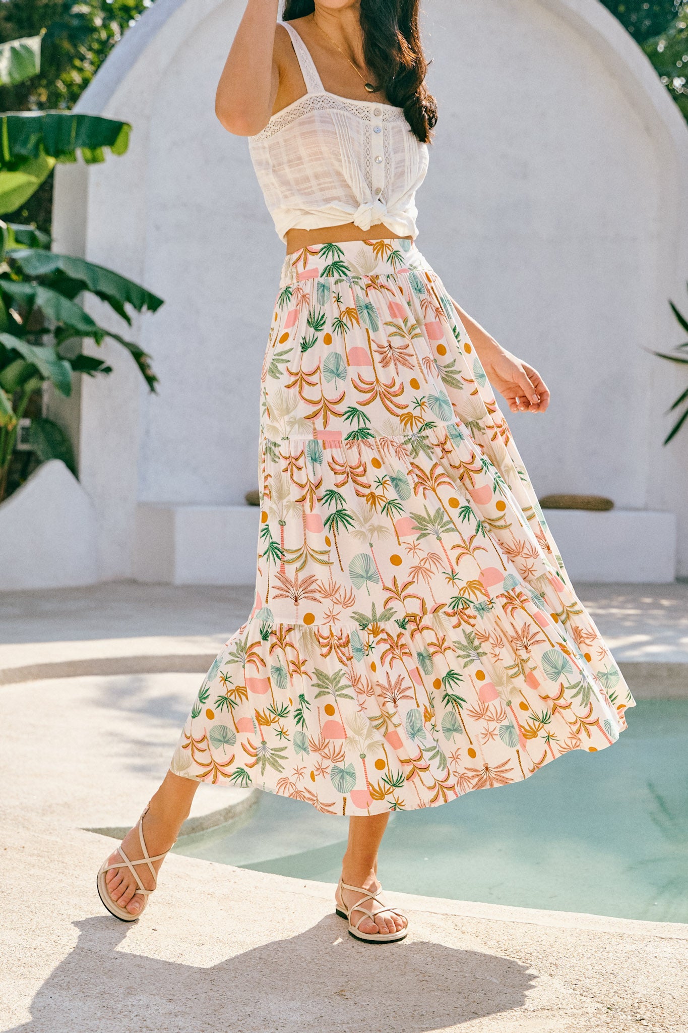 Paloma Brown Green Tropical Tiered Maxi Skirt