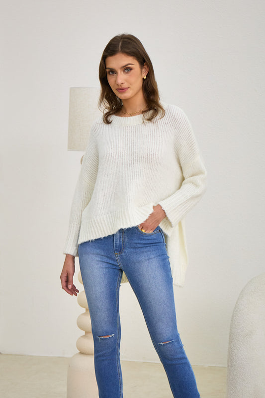 Nora Off-White Step Hem Knit Sweater