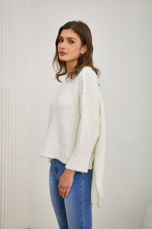 Nora Off-White Step Hem Knit Sweater