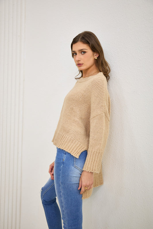 Nora Beige Step Hem Knit Sweater