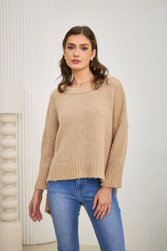 Nora Beige Step Hem Knit Sweater