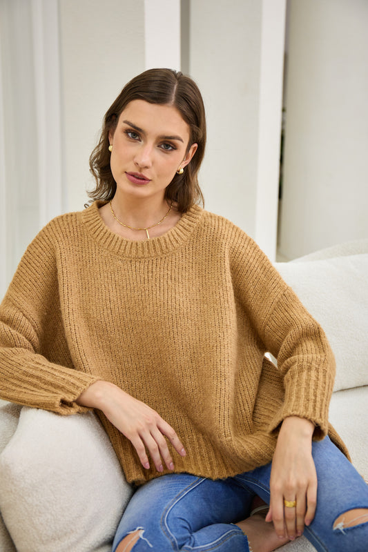 Nora Brown Step Hem Knit Sweater