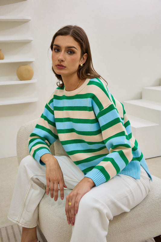 Anya Green Blue Stripe Knit Sweater