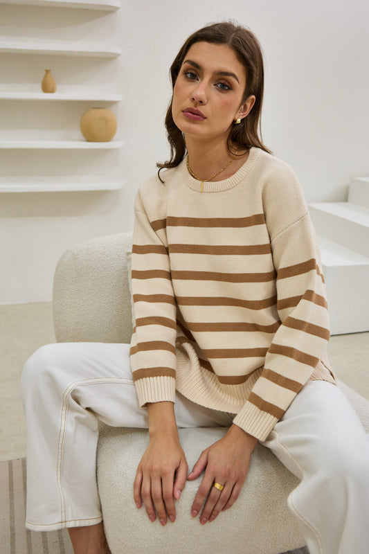 Anya Beige Stripe Knit Sweater