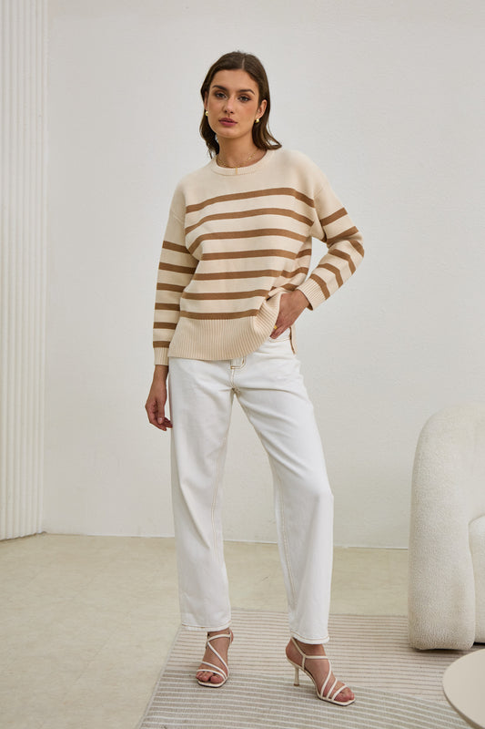 Anya Beige Stripe Knit Sweater