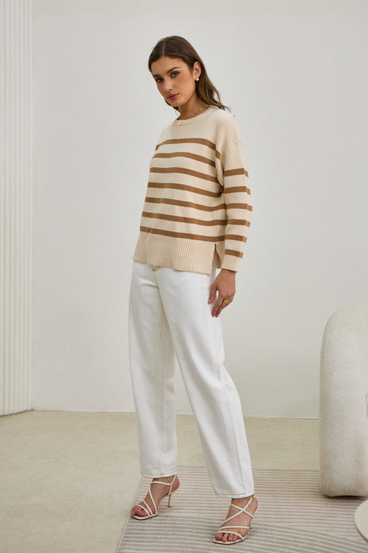 Anya Beige Stripe Knit Sweater