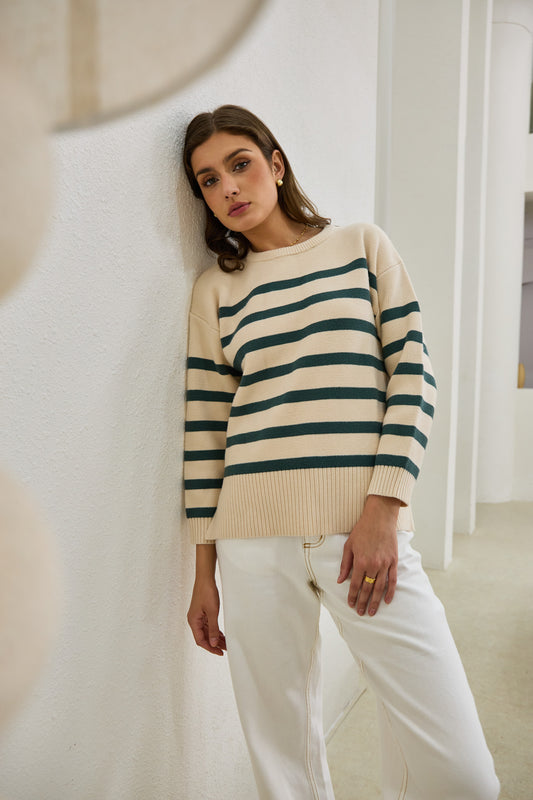 Anya Forest Green Stripe Knit Sweater