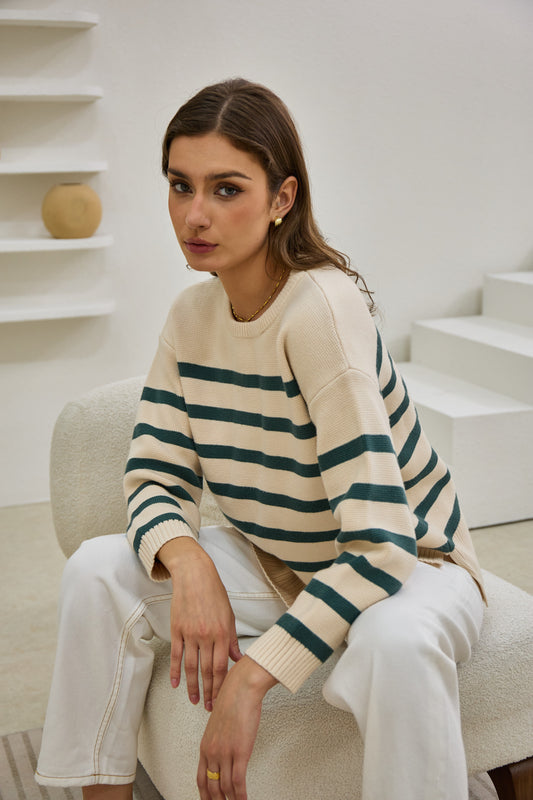 Anya Forest Green Stripe Knit Sweater