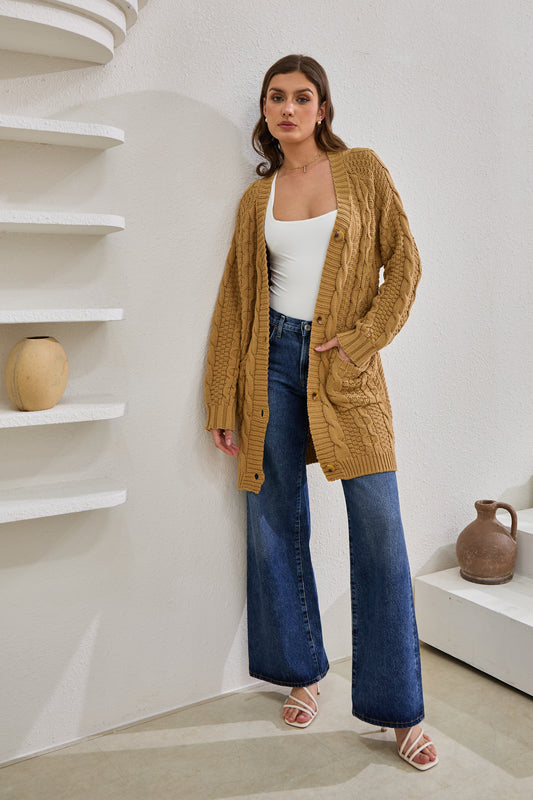 Dawn Mocha Longline Cable Knit Cardigan