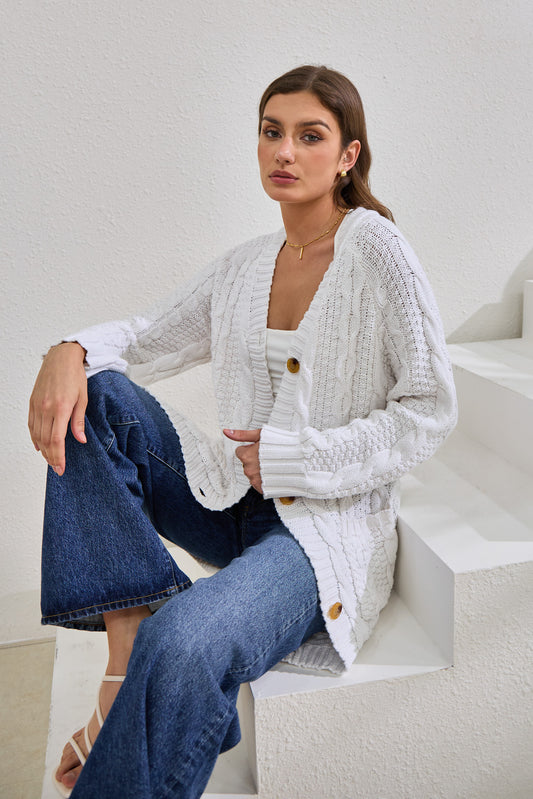 Dawn White Longline Cable Knit Cardigan