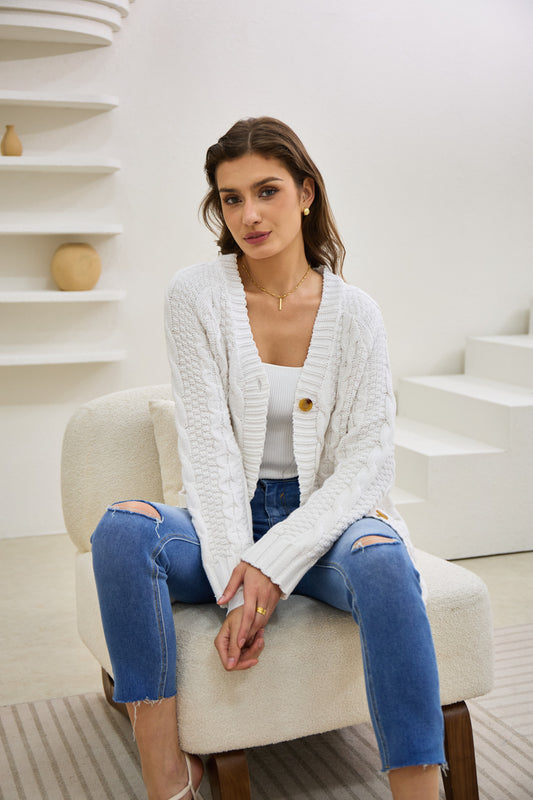 Dawn White Longline Cable Knit Cardigan