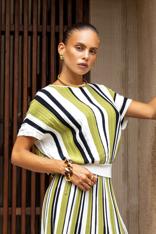 Vittoria Green Stripe Pleated Knit Top
