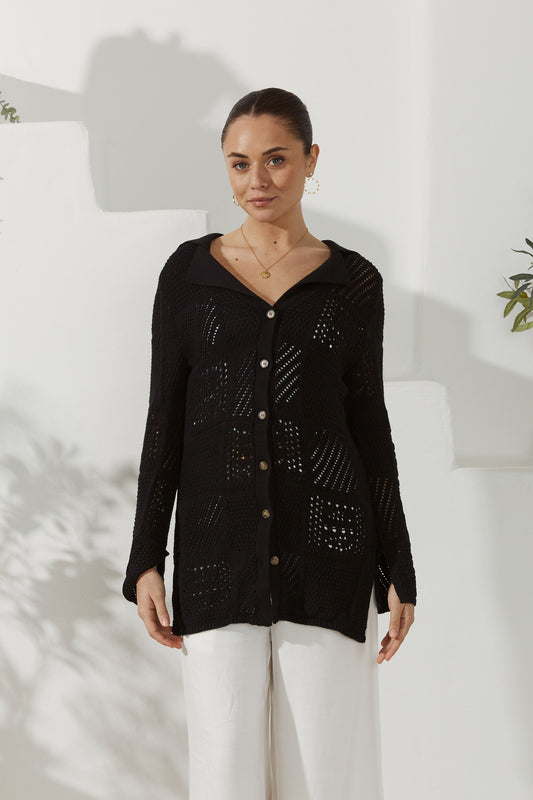 Kaori Black Crochet Knit Cardigan