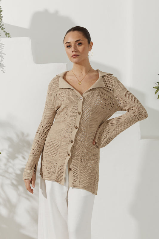 Kaori Beige Crochet Knit Cardigan