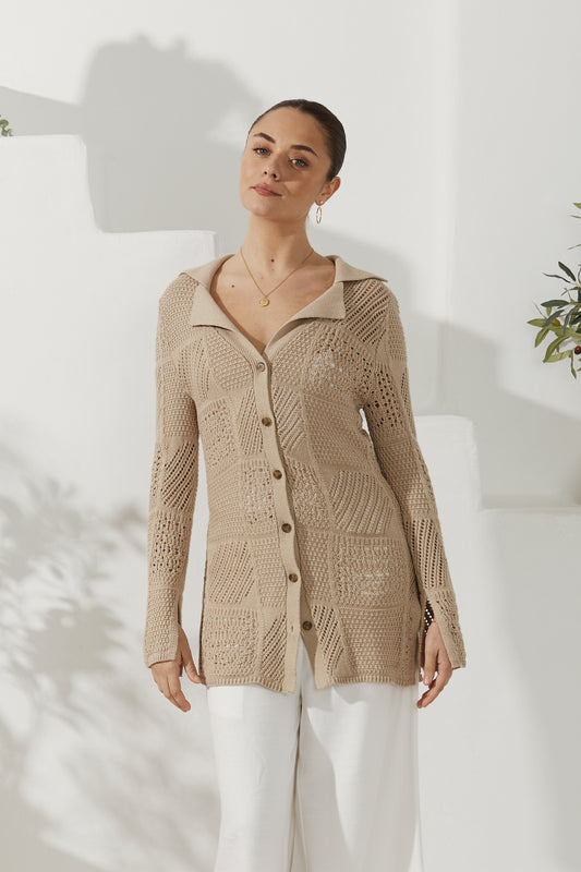 Kaori Beige Crochet Knit Cardigan